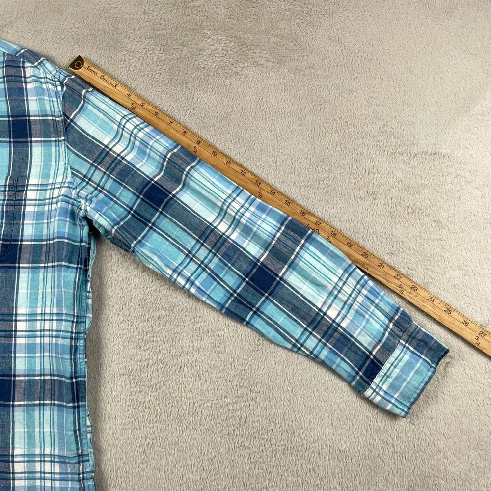 LL Bean Shirt Men LT Large Tall Blue Plaid 100% Linen Slightly Fitted Button Up - Picture 11 of 12